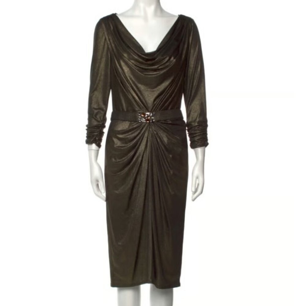 Tadashi Shoji Gold Metallic Long Sleeve Draped Jeweled Belt Dress Sz Small